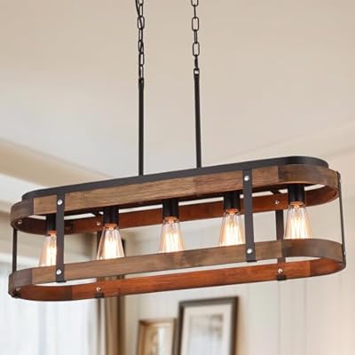 Rustic Farmhouse Wood Kitchen Island Lighting, 5 Lights Rectangular Pendant Light Fixture, Adjustable Rods Oak Wood and Metal Linear Chandelier for Kitchen Island Farmhouse Dining Room, Black