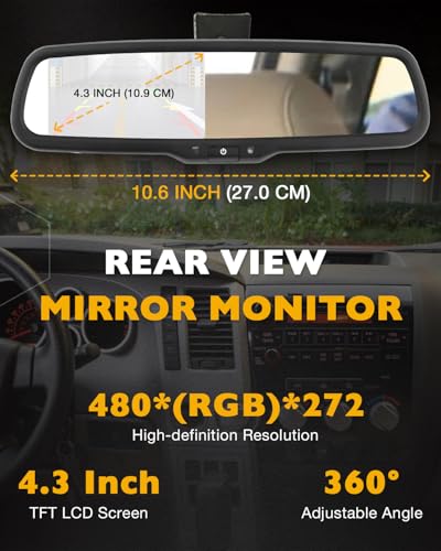 Image of Rear View Mirror Monitor w /Backup Camera, Fit for 2007-2013 Toyota Tundra | Tailgate Handle, 4.3 inch Rearview, 170 Rear Viewing Angle, Waterproof Rear View Camera, Parking Assist Safety System
