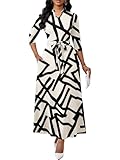 BubFee Maxi Dresses for Women Semi Formal Long Dress 3/4 Sleeve Casual A-line Church Dresses with Pockets (Geometric, Medium)