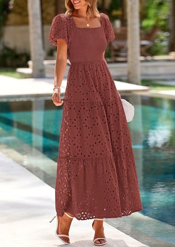 Image of PRETTYGARDEN Summer Dresses for Women 2026 Eyelet Square Neck Puff Sleeve Smocked Wedding Guest Maxi Dress with Pockets