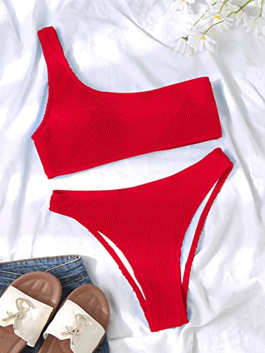 Image of YIMISAN Women's Ribbed Bikini Sets One Shoulder Top with Mid Waist Two Piece Bathing Suit