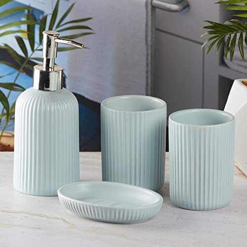 Image of SaSaSa Ceramic Bathroom Accessories Set of 4 Modern Bath Set with Soap Dispenser & Toothbrush Holder, Luxury Home & Gift Idea, Blue (9630)