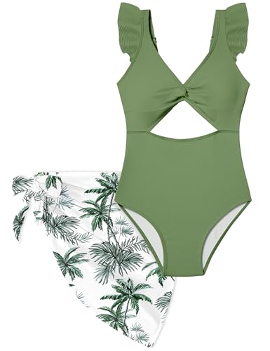 Image of Girls One Piece Swimsuit Cut Out Ruffle Bathing Suit Twist V Neck Swimwear Solid Color with Cover Up Skirt 9-16T