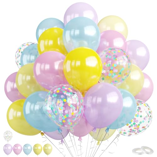 Image of Pastel Balloons, 60Pcs Colorful Balloon, 12 Inch Latex Pearl Yellow Purple Pink Blue Green Multicolor Confetti Balloons Helium for Kids Baby Shower Birthday Wedding Easter Pastel Party Decorations