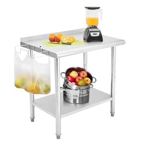 NSF Stainless Steel Table, 36" x 24" Work Table with Adjustable Undershelf, Detachable Trash Bag Holder, Metal Work Table Workbench for Home Kitchen R
