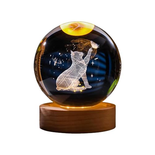 GITGRNTH 3D Cat Figurine Crystal Ball Lamp, Cat-Light Lamp ​with Wooden Base, Gifts for Cats Lovers, Stuff for Animal Lovers, Birthday Christmas Mothers Day Temed Items for Women Lovar
