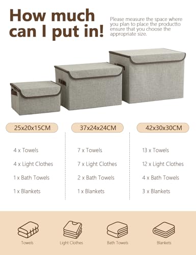 Bagnizer Beige Aufbewahrungsbox mit Deckel 3er Set Wasserdichte kleine Faltbare Boxen Henkel mit Deckel für Kleider Schubladen Organizer Box Aufbewahrungskiste 25x20x15cm
