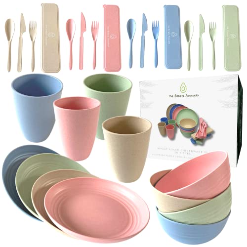 the Simply Avocado Unbreakable Wheat Straw Dinnerware Sets (28pcs) - Dishes Set for 4 - Kids Dinnerware Set - Camping Plates Cups and Bowls Set - Lightweight Wheat Straw Plate n Bowl Set, Multicolor