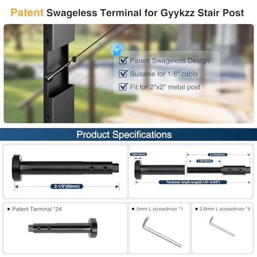Image of Patented 1 /8 inch Swageless Invisible Cable Railing Kit Hardware for Stair Cable Railing System (Black, Terminal-24 Pack)