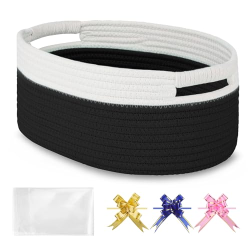 BOSROTY Small Woven Basket with Gift Bags and Ribbons, Empty Baby Gift Baskets for Kids Women Men, Nursery Storage, Small Cat Dog Pet Toy Boxes, 33 x 23 x 14 CM, Black