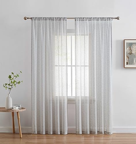 HLC.ME Penelope Faux Linen Textured Semi Sheer Privacy Sun Light Filtering Transparent Window Pocket Hole Thick Curtains Drapery Panels for Bedroom & Living Room, 2 Panels (54 W x 63 L, Light Grey)