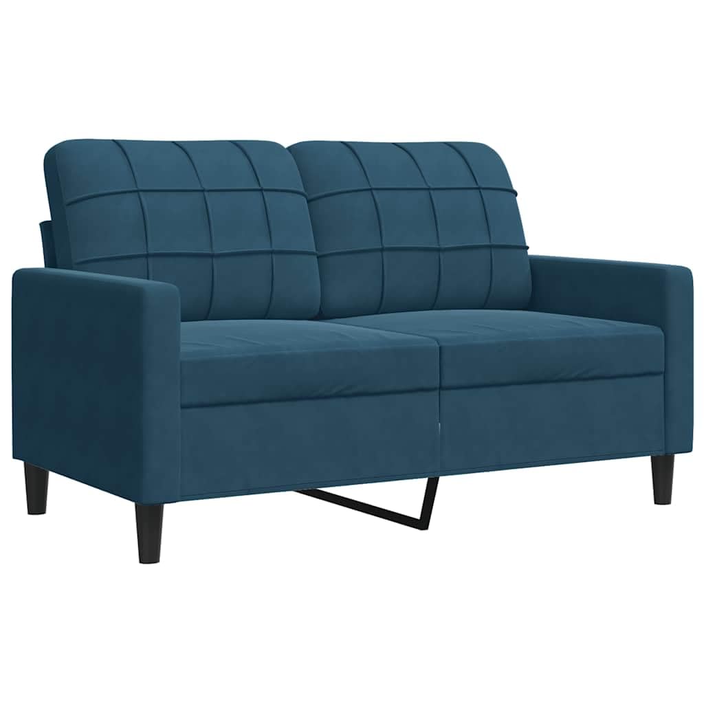Set di 2 divani con cuscini blu in velluto per soggiorno e camera degli ospiti, divano imbottito, divano ad angolo, relax, sedersi, sdraiati, paesaggio residenziale, divano letto, chaise