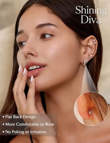 Image of Shining Diva Fashion 12 Pairs Anti Tarnish Earrings Combo Set | 14K Gold Plated | Hypoallergenic Stainless Steel Earring for Sensitive Ears | Flat Back Stud Hoop Cartilage Earring for Multiple Piercing