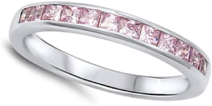 0.50Ct Princess Cut Created Pink Tourmaline 14K White Gold Plated 925 Sterling Silver Engagement Half Eternity Wedding Band Ring For Women