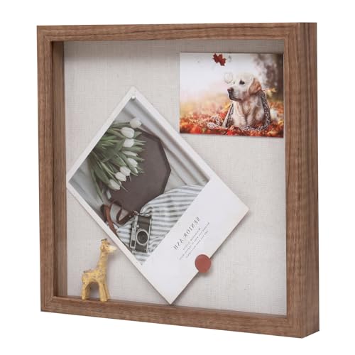 Image of Muzilife 8x8 Shadow Box Picture Frame with Linen Board - Deep Wood & Glass Display Rustic Case Ready to Hang Memorabilia, Pins, Awards, Medals, Wedding, Tickets, and Photos, Carbonized Small
