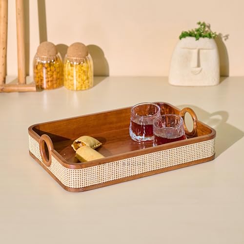 Image of Brick Brown Premium Wooden Tresso Serving Tray with Cane Weaving | Walnut Finish Tea & Breakfast Tray with Handles | Luxury Decorative Organizer for Kitchen, Dining, Coffee Table, Office 15x10 Inch