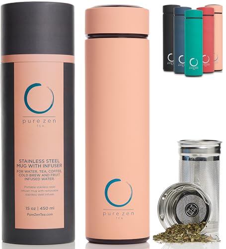 Pure Zen Tea Thermos with Infuser for Hot and Cold Infusions - Stainless Steel - Tea Infuser Bottle - Leakproof Travel Mug with Filter - 15oz - Pink