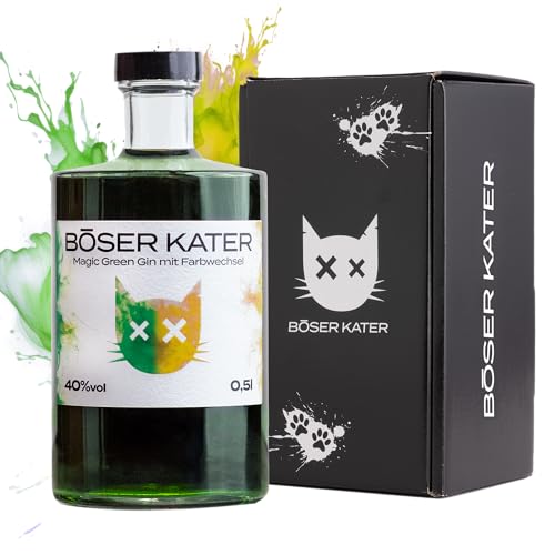 BÖSER KATER Magic Green Gin | Farbwechsel-Effekt von Grün zu Gelb-Orange durch Tonic | Das perfekte Geschenk in hochwertiger Geschenkbox | Handgemacht mit fruchtigem Citrus-Geschmack 0 5l 40% Vol.
