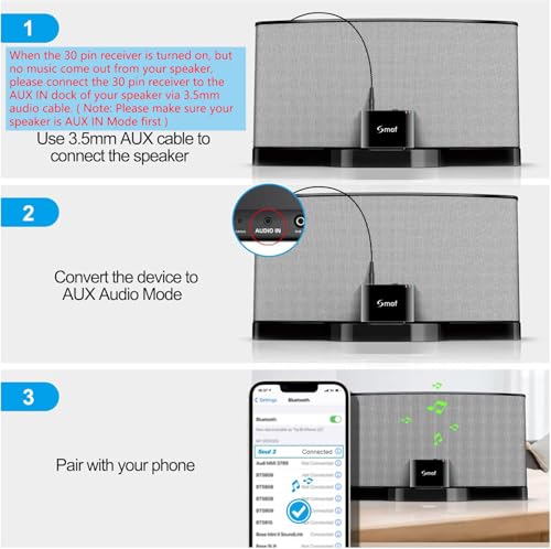 Miniatura 5 de Receptor Adaptador Bluetooth De 30 Pines Para Bose Sounddock Iphone Ipod Y Otros Altavoces De Base De 30 Pin Portable Adaptador Con Cable Auxiliar De 3,5 Mm No Para Automóviles Oder Moto