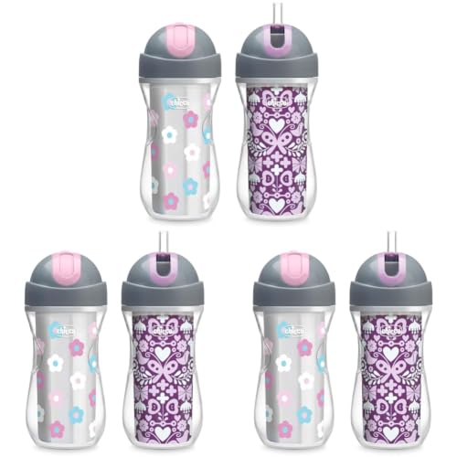 Image of Chicco Insulated Straw Sippy Cup 12+ Months, 9oz Toddler Training Cup with Spill-Free Flip-Top Lid, BPA-Free, Floral /Purple Print, 2 Count ((Pack of 3)