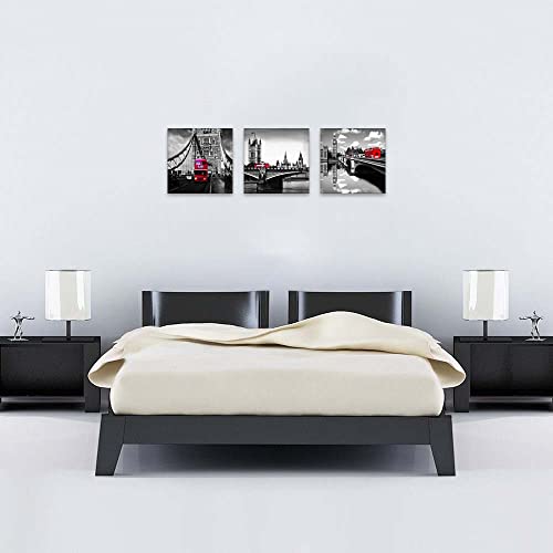 Nan Wind 3 Pcs Modern Giclee Canvas Prints London Black And White With Red Bus Wall Art London Bridge Poster Cityscape Paintings On Canvas Stretched And Framed Ready To Hang For Home Decor #TOP4