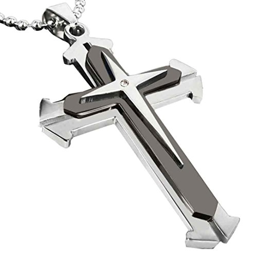 Unisex Cross Pendant, Ularma Men Women Fashion Stainless Steel Rhinestone Necklace Chain (Black)