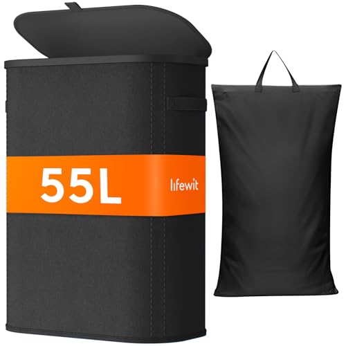 Lifewit Panier Linge Sale, Bac Linge avec Couvercle, Corbeille Linge avec Plastique Poignées et Sac Linge, Laundry Basket pour Buanderie, Chambre, Salle de Bain, 55 L,...