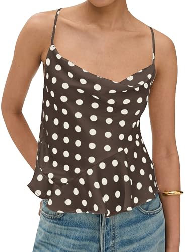Women’s Polka Dot Satin Tank Top 2025 Sexy Tie Back Cowl Neck Sleeveless Cami Asymmetrical Ruffle Hem Shirts