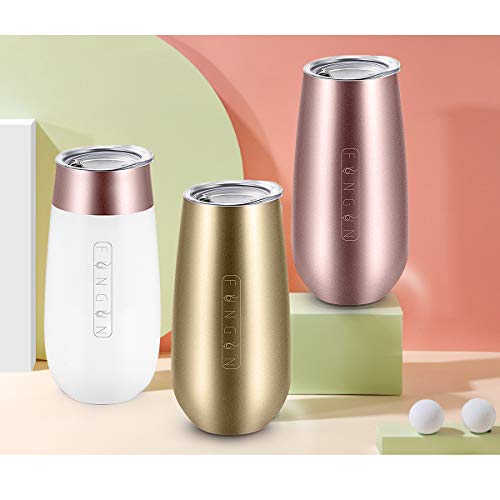 6 Pack Stemless Champagne Flutes Double-insulated Champagne Tumbler with Lips, Fungun 6 OZ Stainless Steel Unbreakable Cocktail Cups for Coffee Wine Glass Tumbler (Rose Gold + White)