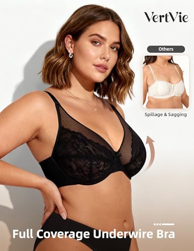 Image of Vertvie Minimizer Bra for Women Underwire Full Coverage | Supportive for Heavy Breasts, Unlined Soft Lace, Lightweight, Comfortable, Adjustable, Flattering for Plus Size Everyday Wear