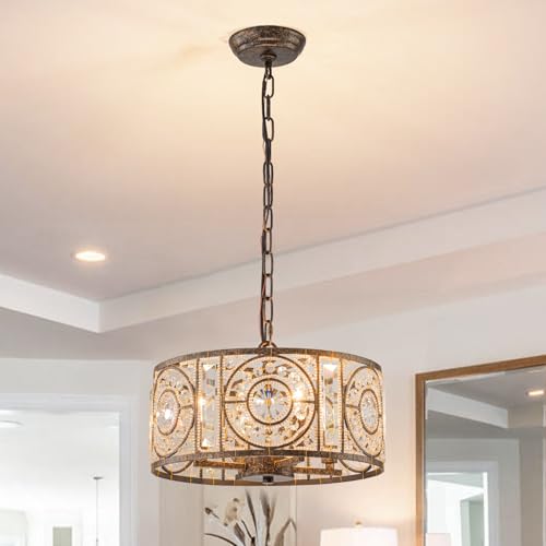 Image of Bronze Vintage Crystal Chandeliers for Dining Room 14.17 inch Drum Pendant Lights, Dining Room Light Fixtures Over Table, Hanging Chandelier for High Ceiling Kitchen Island Living Room Foyer