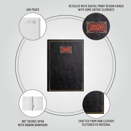 Image of Anupam Goth Diary 2026 with Dates, 2026 Daily Planner Full Page Per Day with Monthly Calendar, January to December 2026 Size B5 (25x17cm) 365 Days Canvas Textured PU Cover 80GSM Black