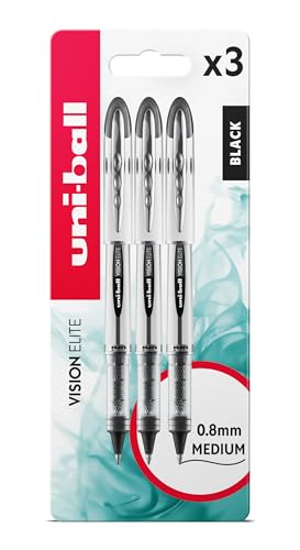 uni-ball UB-200 Vision Elite Rollerball Pens. Premium Medium 0.8mm Ballpoint Tip for Super Smooth Handwriting, Drawing, Art, and Colouring. Fade and Water Resistant Liquid Uni Super Ink. 3 Pack Black