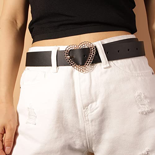 YOU&M Women's Hollow Buckle Lover Heart Black Soft Faux Leather Waist Belt2