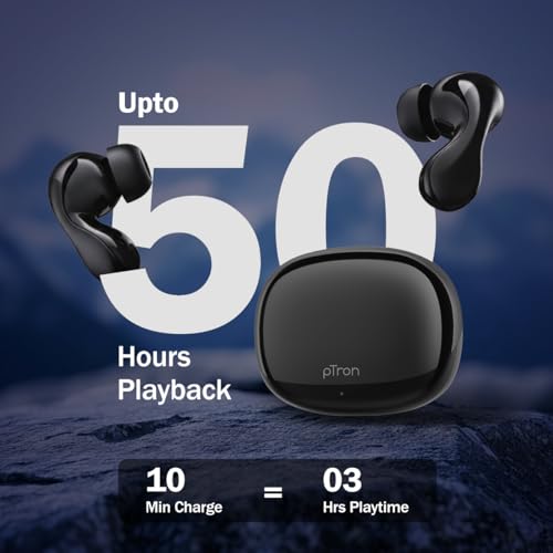Image of pTron Bassbuds Tango in-Ear TWS Ear Buds w /Custom EQ, 50hrs Playtime, Pristine Sound, Dual Mic, TruTalk ENC Calls, Mobile App,Wireless Bluetooth V6.0,Touch Controls,Type-C Charging, IPX5 (Space Black)