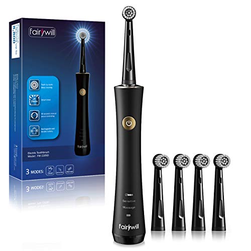 Fairywill Rotary Rotating Electric Toothbrush - For A Powerful Dentist Like Clean with 3 Modes, Waterproof with A Built In Timer, Rechargeable with A Low Battery Reminder, and 2 Brush Heads In Black
