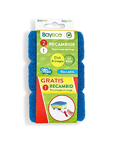 Bayeco - Recambio Estropajo con Mango - No Raya - Especial para Superficies delicadas y antiadherentes - Sistema de fácil colocación - Color Azul - Pack 3 Unidades