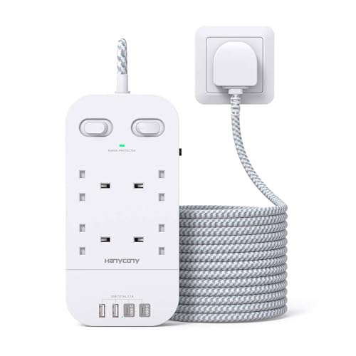 Extension Lead with 4 USB Slots 3M Extension Cable 4 Way Outlets Power Strip with 1800J Surge Protection Double Switch Plug Extension with 10FT Braided Extension Cord for Home Office Accessories