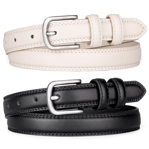 2 Pack Women's Genuine Leather Belt Trendy Waist Belt with Silver Buckle