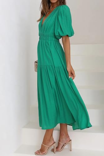 2025 Women Summer Short Sleeve V Neck Long Dress Casual Solid Color High Waisted Tiered A-Line Wedding Guest Dresses3