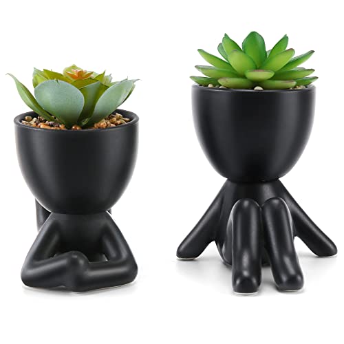 Fake Succulent, Mini Succulents Plants Artificial In Black Modern Human Shaped Ceramic Pots Cute Desk Decor Desk Plant For Office Decor For Women, Cute Fake Plants Bathroom Decor 2Pcs #TOP7
