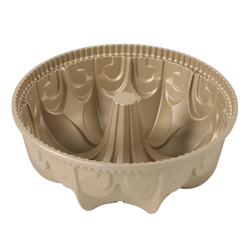 Martha Stewart Dunelle Decorative Fluted Cast Aluminum Bundt Cake Pan – 12-Cup Nonstick Tube Pan, Champagne Gold Bakeware