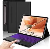 KVAGO Keyboard Case for Samsung Galaxy Tab S8+ Plus 2022/S7 FE 5G 2021/S7+ Plus 2020 12.4 inch, Smart Touchpad, 7 Colors Backlit, Slim Stand Folio Cover Detachable Bluetooth Wireless Keyboard (Black)