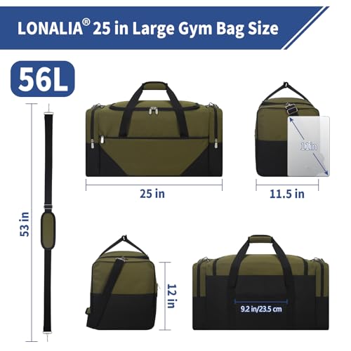 Image of 56L Travel Duffle Bag - 25 inch Overnight Weekender Bag with Trolley Sleeve for Travel Camping Gym Sport (Olive Green)