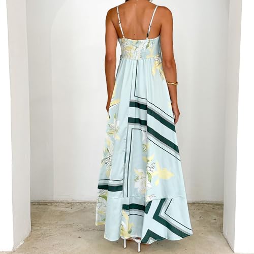 Image of NUFIWI Women Summer Striped Maxi Dress Spaghetti Strap Cutout Ruffle Long Dress Flowy Swing Beach Vocation Dress