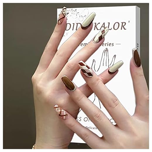 DIDUIKALOR Press on Nails Medium Length, Fall Fake Nails Glossy with Brown Plaid Design, Coffin Full Cover Acrylic Nails Glue on Nails for Women and Girls