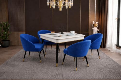 Image of WOODEN SPACE 4 Seater Wooden Dining Table Set | Urban Marble Top Dining Table with Chairs for Dining Room & Kitchen (Modern Classic Navy Blue) (42 x 42 x 30 inch)