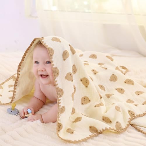 Image of Double Layered 100% Cotton Muslin Baby Blanket Ultra-Soft 40x40 Inch Swaddling Nursery Crib Blanket(Cute Bear)