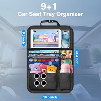 Car Backseat Organizer with Table Tray((2-Pack)) 9 Storage Pockets Backseat Car Organizer and storage with Tablet Holder, Kick Mats Back Seat Cover for Kids family Road Trip Essentials Travel