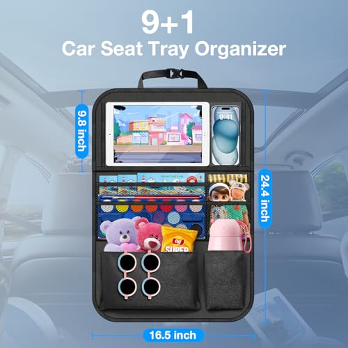 Car Backseat Organizer with Table Tray((2-Pack)) 9 Storage Pockets Backseat Car Organizer and storage with Tablet Holder, Kick Mats Back Seat Cover for Kids family Road Trip Essentials Travel
